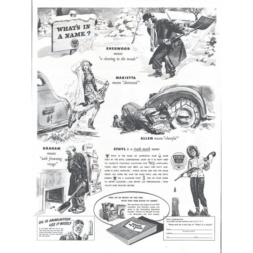 1944 Ethyl Corporation What's in a Name Vintage Print Ad WW2 War Effort Wall Art